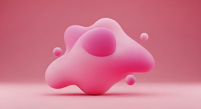 Abstract amorphous liquid blob with small spheres floating around, pastel pink gradient background, fluid shape, soft 3d render, smooth organic form