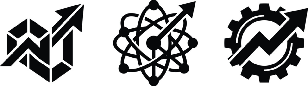 Professional Growth and Innovation Set with Abstract Geometric Arrow, Scientific Atom Structure, and Industrial Gear for Business Success and Technology Development