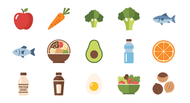 Vibrant and Wholesome Assortment of Nutritious Food and Drink Items Icons Set