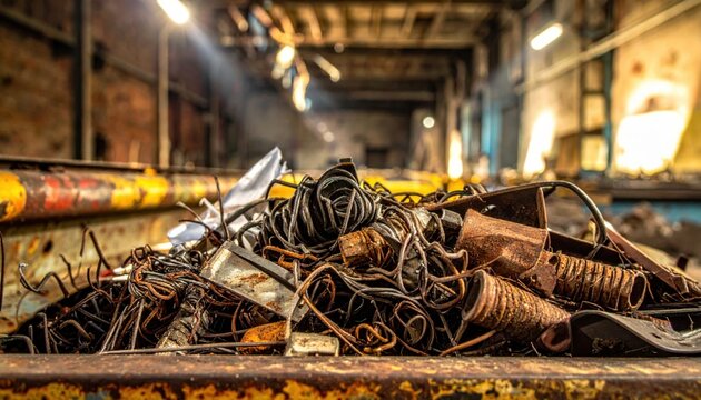 A large pile of salvaged metal scraps and tangled wires, repurposed for makeshift tools or repairs in an industrial setting
