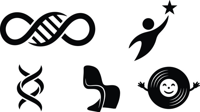 Set of black silhouette icons featuring infinity DNA helix, person reaching for star, modern chair, and happy vinyl record character.