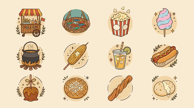 Delightful Collection of Hand-Drawn Fair Food and Market Staples Illustration Set