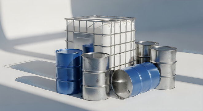 Industrial metal oil drums and white IBC tote container on white