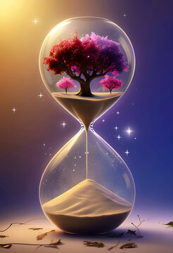 clessidra dove al suo interno cresce una pianta il cui terreno scorre lentamente nella parte inferiore dello strumento per contare il tempo, hourglass where inside grows a plant whose soil flows slow