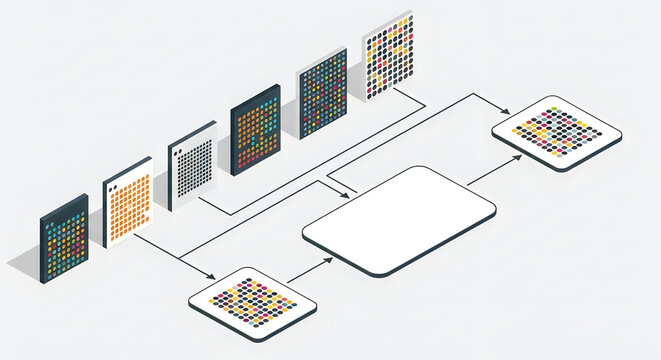 Isometric Machine Learning Data Processing Workflow Flowchart Illustration