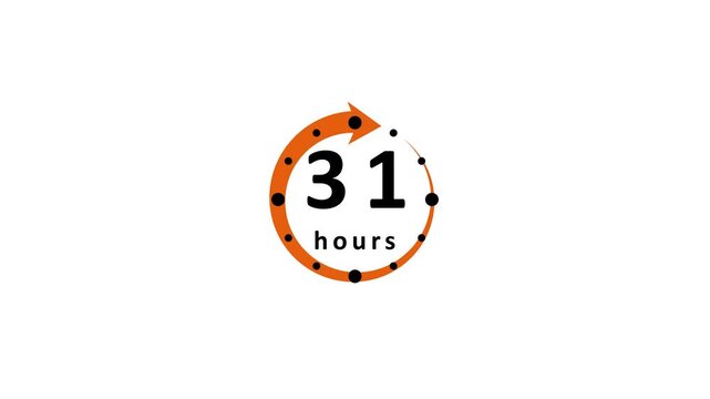 A circular orange arrow with black dots and the number 31 and the word hours in black text against a white background representing a time duration or countdown