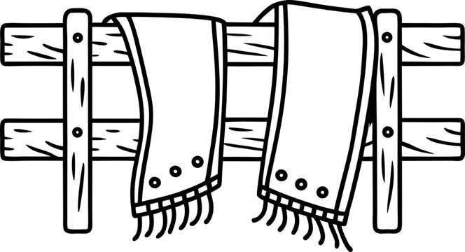 two scarves hanging on rustic wooden coat rack winter accessories with fringes and button details