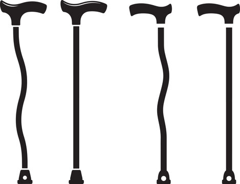 Four walking canes two straight and two curved black silhouette on white background walking stick mobility aid rubber tip physical therapy personal care line art disability handicap