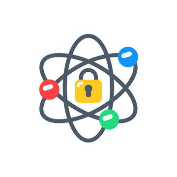Atom symbol with lock and colored electrons