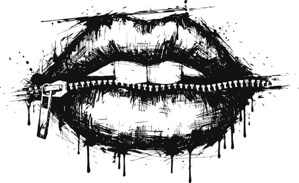 Black lips with zipper closed mouth grunge line art illustration, expressive abstract female lips with dripping ink effect