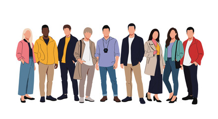 Obraz premium Diverse group of ten men and women of various ethnicities standing together in casual stylish clothing in a flat design style.