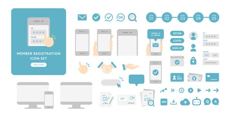 Naklejka na ściany i meble 会員登録やアカウント作成の流れに使えるスマホ操作のベクターアイコンセット。フラットデザイン･ブルー