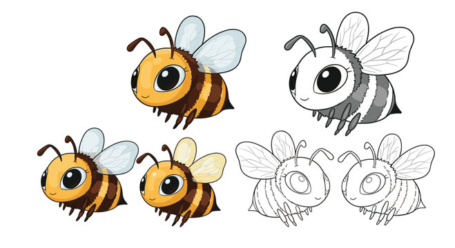 Adorable cartoon honey bee character shown in five different variations including colored grayscale and line art styles.