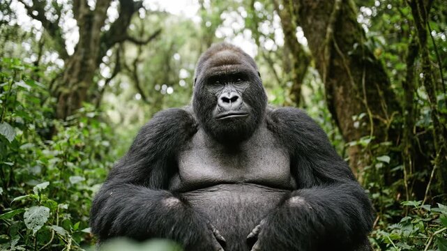 Majestic Silverback Gorilla Sits Calmly in Lush Green Forest.