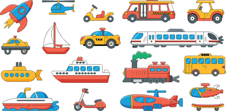 Colorful transportation and vehicle icon set with land, air, sea and space travel including cars, trains, boats, planes, rockets and bikes