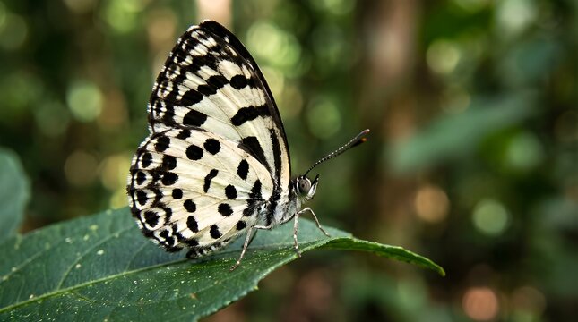 Macro shot of a black and white spotted butterfly on a green leaf