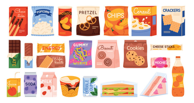 Assorted fast food snacks and drinks in colorful packaging including chips, cookies, candy, sandwiches, soda and juice, arranged as a flat design isolated on white background vector illustration