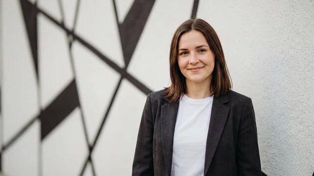 Confident woman in business attire smiles in front of modern architectural background.