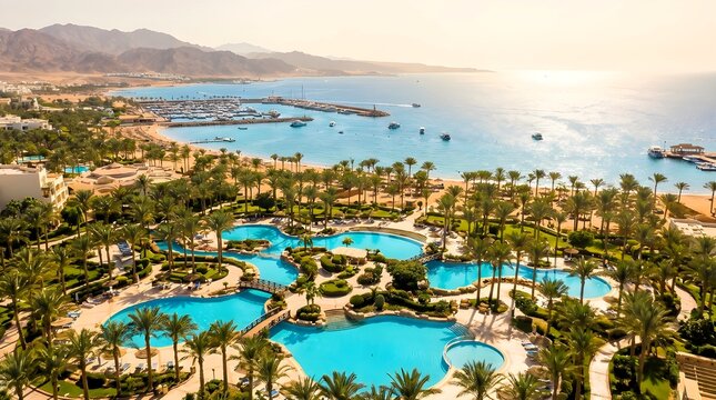Luxury tropical resort with swimming pools, palm trees and sea view at sunset