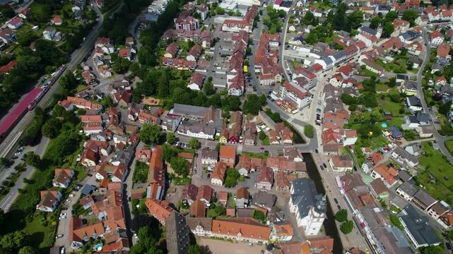 Aerial view of the old town of the city Erbach im Odenwald in Germany. On a sunny spring day.
