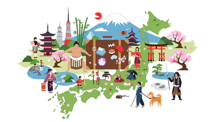 Fototapeta premium Vibrant map of Japan featuring iconic cultural landmarks and symbols like Mt Fuji and pagodas for travel and tourism themes.