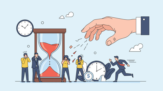 Office workers experiencing extreme stress and pressure under a giant hand as they rush to meet urgent project deadlines.