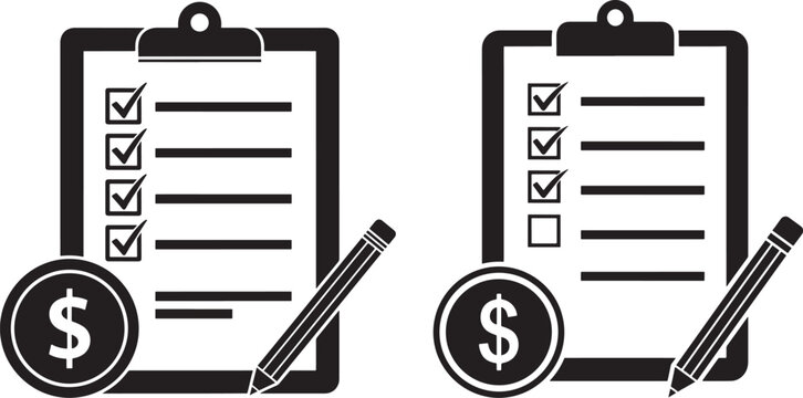 Two checklists with checkboxes dollar coins pencils todo list checklist clipboard checkbox unchecked business planning organization management document questionnaire feedback evaluation
