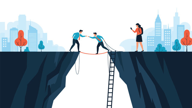 Business team overcoming obstacles by helping each other cross a dangerous chasm using a rope for teamwork and risk management.