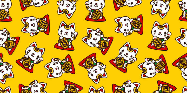 招き猫のシームレス背景画像。（Seamless background image of a maneki-neko.）
