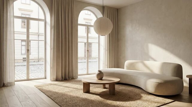 Modern living room with arched windows and curved sofa.