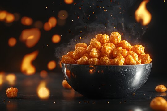 spicy corn puffs in a metallic snack bowl with flaming graphics in the background 
