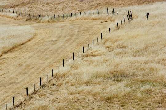 Fence around dry farmland on a ranch in summer, USA