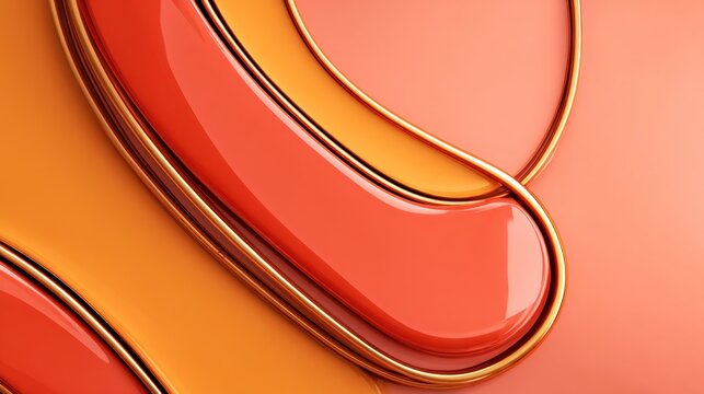 Glossy, curved forms featuring rich orange and coral colors highlighted with metallic trim provide an abstract background texture