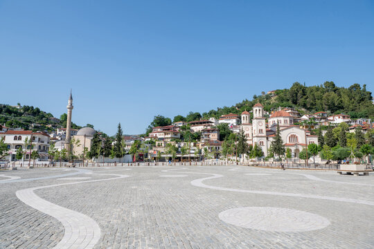 Central square with the Saint Demetrius Orthodox Cathedral and the nearby Lead Mosque, Berat, Albania