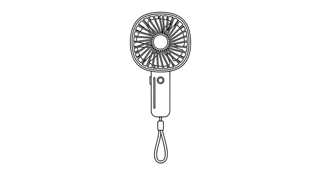 Fan portable handheld with circular grill and wrist strap icon featuring line art, minimalist design, tech
