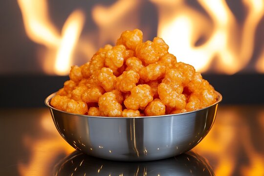  spicy corn puffs in a metallic snack bowl with flaming graphics in the background 