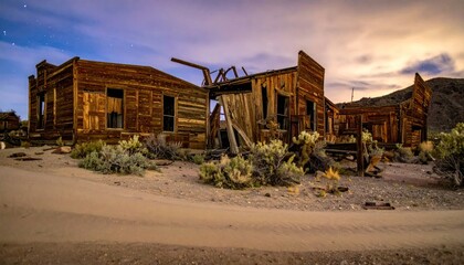 Obraz premium Dilapidated wooden buildings under a twilight sky with sparse desert foliage