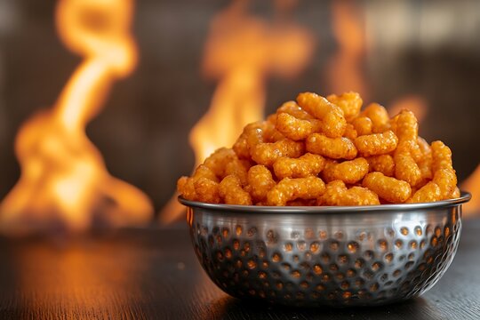 spicy corn puffs in a metallic snack bowl with flaming graphics in the background 