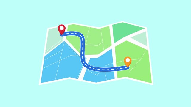 Animated video of a folded map showing GPS route with navigation path and delivery pins. Represents logistics tracking, shipment routing, and real time navigation system.