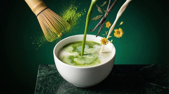 A creative still life of matcha green tea ingredients, including a whisk, powder, milk, vanilla beans, and flowers, in a white bowl on a dark surface