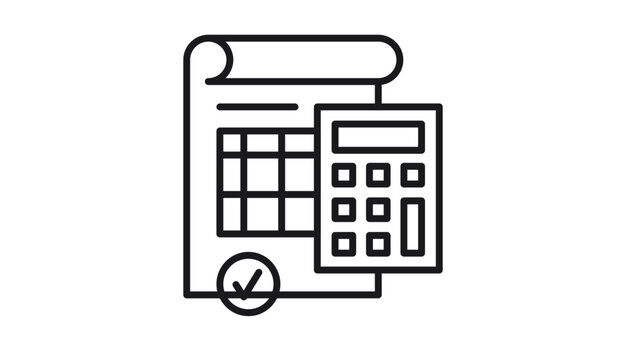 Black line vector icon of a financial document or spreadsheet with a calculator, representing accounting, bookkeeping, tax calculation, or business finance management, minimalist graphic symbol.