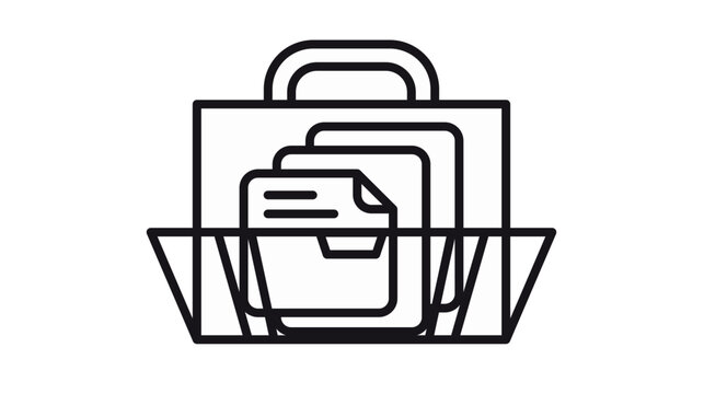 Minimalist black line vector icon illustration of a professional briefcase or portfolio containing multiple documents and files, symbolizing business organization, work, and management.