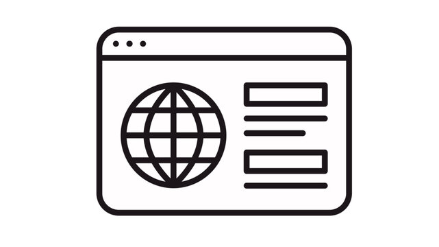 Web browser window vector icon featuring a globe and text layout, representing a global website, internet interface, online platform, and digital network. Minimalist black line art illustration.