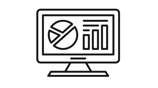 Minimalist black line vector icon illustration of a computer monitor screen displaying a data dashboard with a pie chart and bar graph, symbolizing business analytics, financial reporting, and