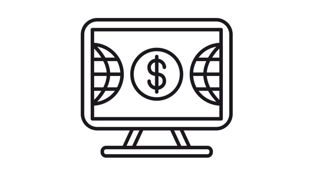 Black vector icon illustration of a computer monitor with a global network symbol, featuring a central solid circle and globe grid patterns, representing worldwide web and digital connectivity.