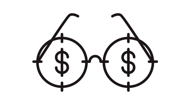 Black silhouette vector icon of round glasses with crosshair target symbols on the lenses, minimalist graphic illustration of eyewear for vision testing or sniper theme, isolated on white.