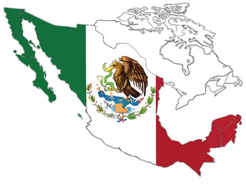 Geographical regions of mexico highlighted on a map of north america