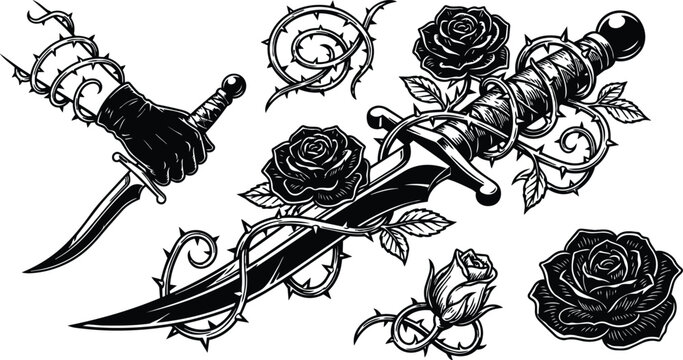 Black and white tattoo style dagger wrapped in thorny rose vines with gloved hand