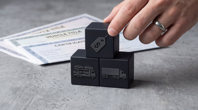Hand stacking blocks with car transport, truck, and price tag symbols near vehicle titles