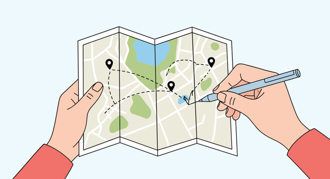 Pair of hands hold a folded paper map and use a blue pen to mark a travel route between several black location pin icons.